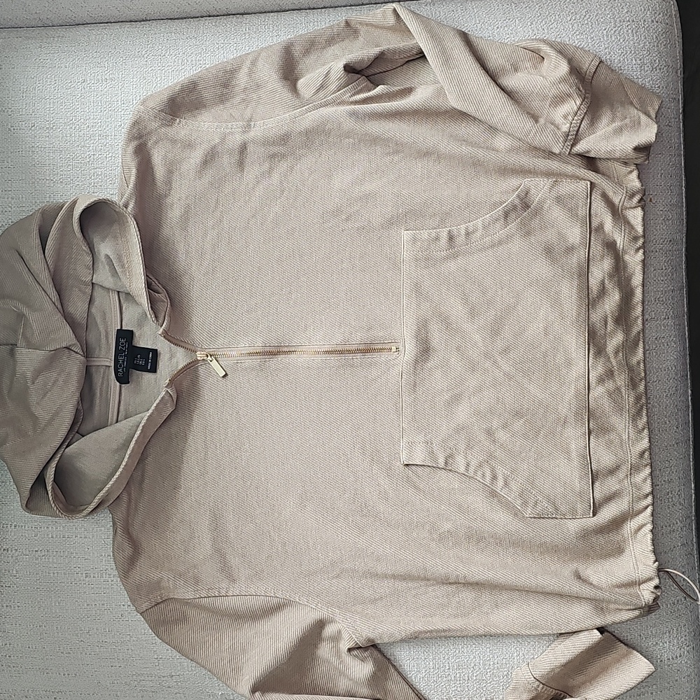 Rachel Zoe Tan Zip-Up Lightweight Hoodie Half Zop Gold Zipper Size L